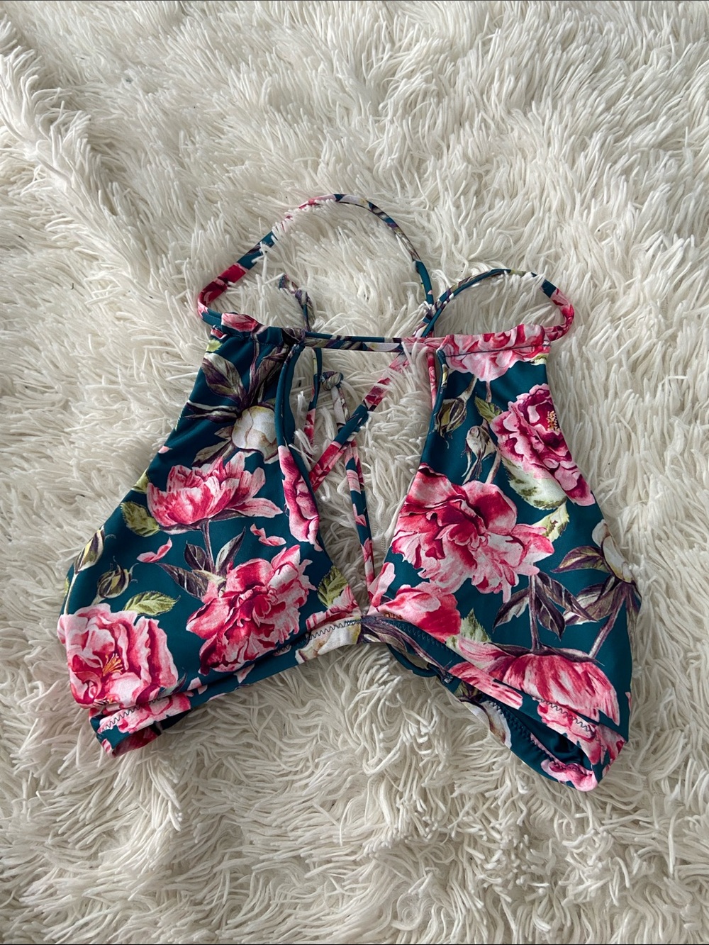 La Vie En Rose Teal Floral High Neck Bikini Top with Pink Blooms
